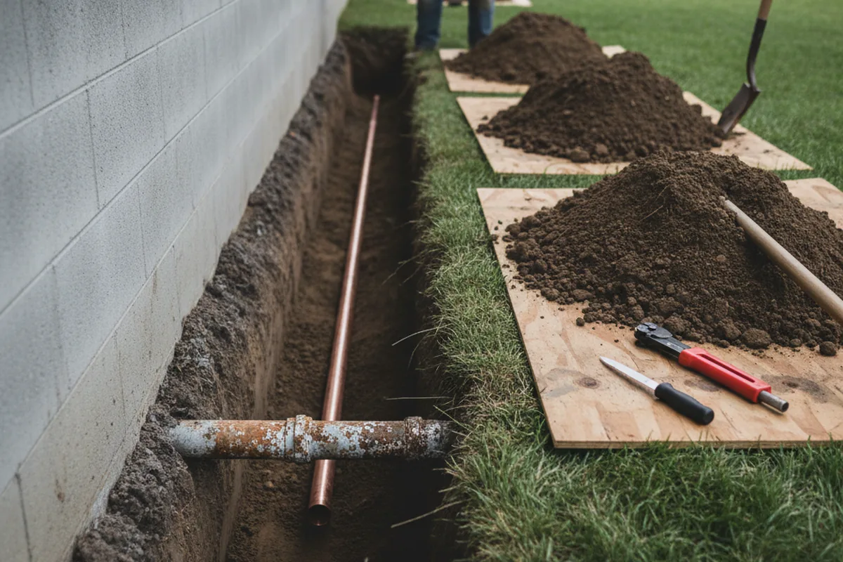 Excavated water line trench during Water Softener Installation in New River